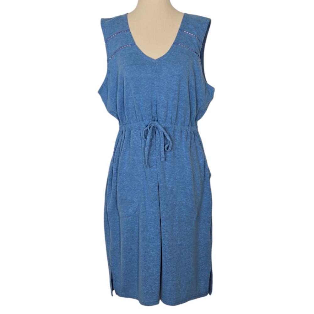 PRANA Cozy Up Korrine Blue Sleeveless Dress Pockets Drawstring Waist Size M NWT